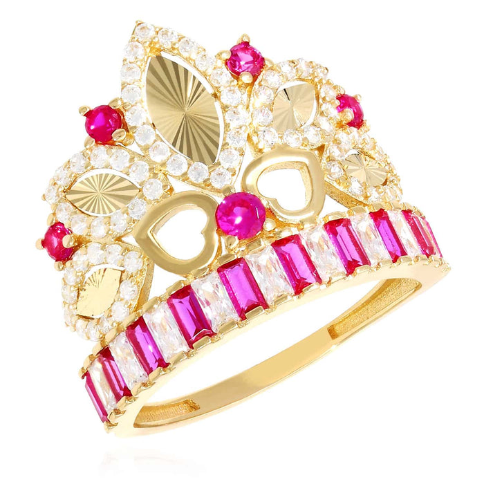 14K Yellow Gold 1.75CTW CZ & Ruby Royal Crown Heart Cocktail Ring