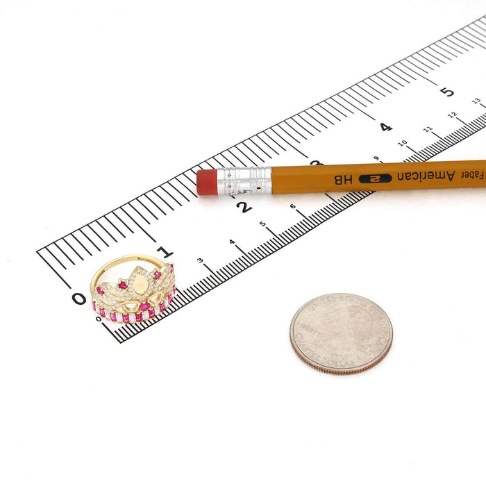 14K Yellow Gold 1.75CTW CZ & Ruby Royal Crown Heart Cocktail Ring