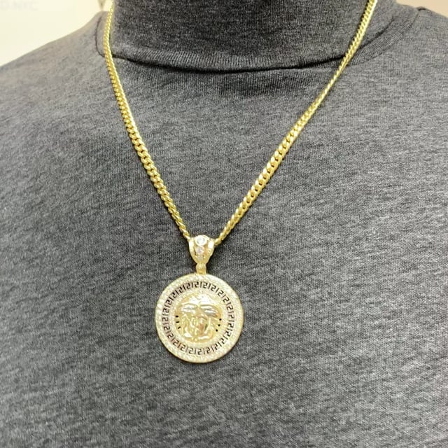 10K Yellow Gold CZ Fancy Medusa Head Medallion Pendant 32mm-37mm