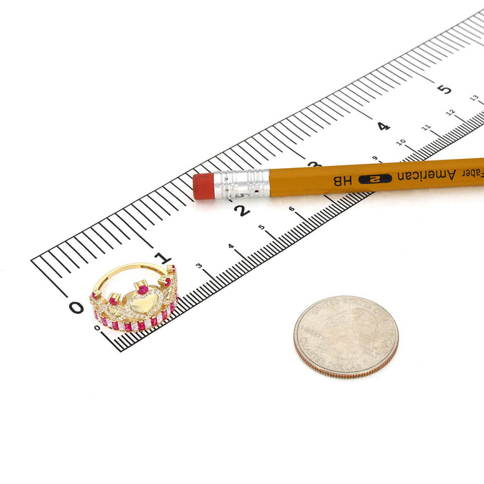 14K Yellow Gold 1.40CTW CZ Ruby Royal Crown Hearts Cocktail Ring