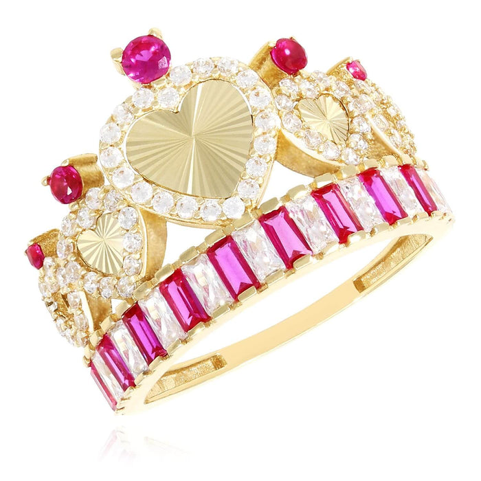 14K Yellow Gold 1.40CTW CZ Ruby Royal Crown Hearts Cocktail Ring