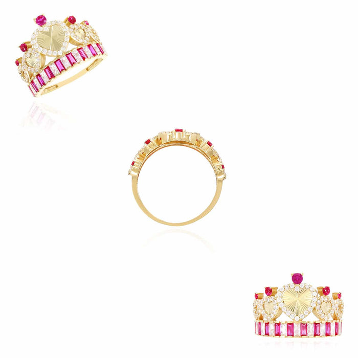 14K Yellow Gold 1.40CTW CZ Ruby Royal Crown Hearts Cocktail Ring