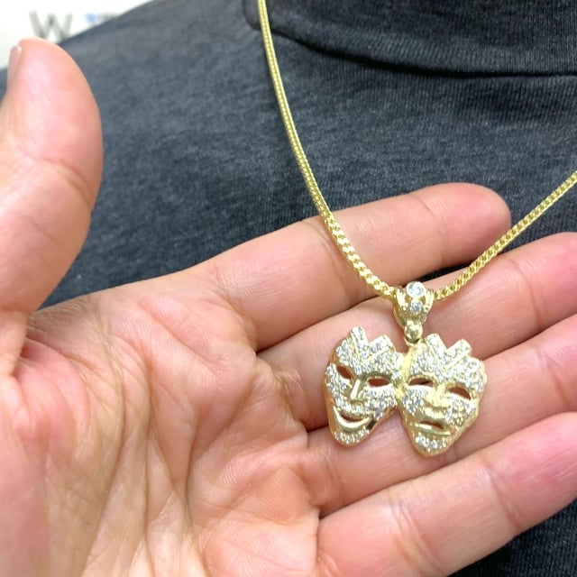 10K Yellow Gold CZ Tragedy Comedy Drama Mask Laugh Now Cry Later Pendant 1.1"