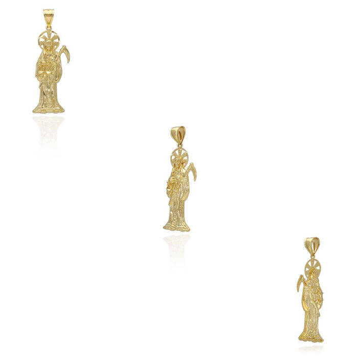 10k Yellow Gold Diamond-Cut Santa Muerte Grim Reaper Death Pendant 1.1"-2.76"