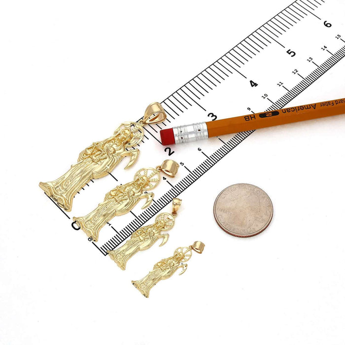 10k Yellow Gold Diamond-Cut Santa Muerte Grim Reaper Death Pendant 1.1"-2.76"