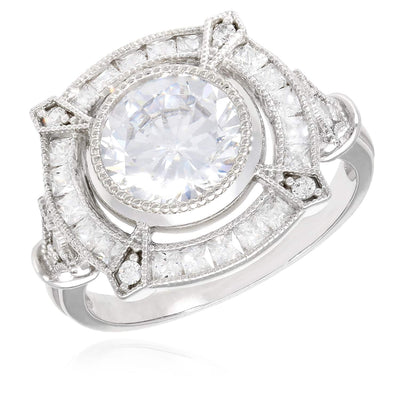 14K Gold White 2.5CTW CZ Milgrain Vintage-Style Cocktail Ring