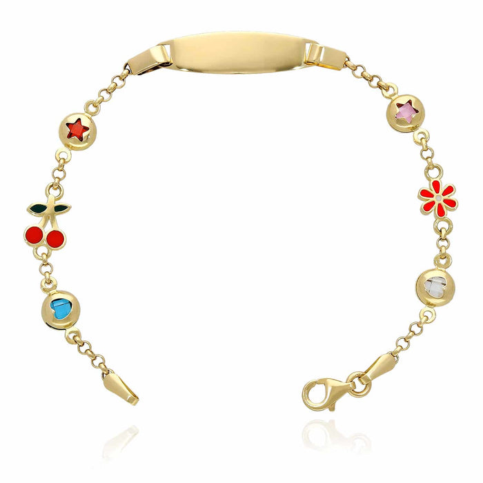 Kids 14K Yellow Gold 6mm Hearts, Cherry, Stars, Flower Charm ID Bracelet 6"