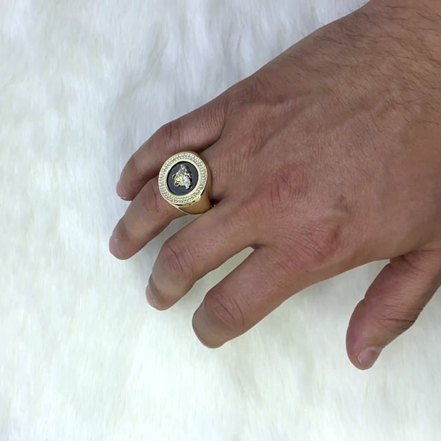 14K Yellow Gold Black Onyx 1Ct CZ Medusa Head Signet Ring Sz 8-12