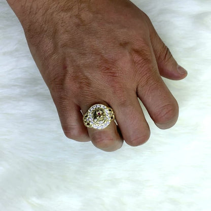 14K Gold Yellow CZ and Ruby Lion Face Signet Ring