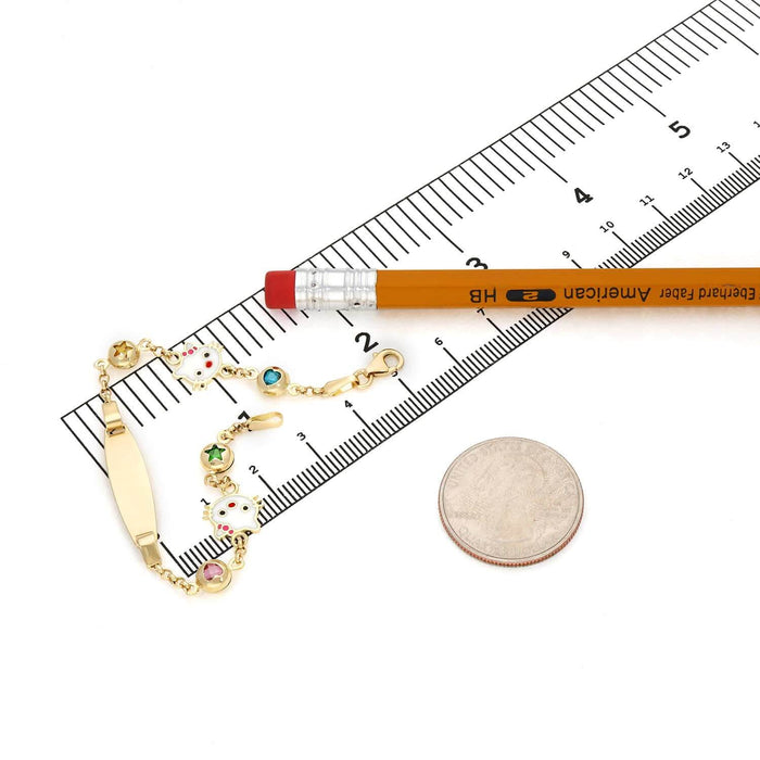 Kids 14K Yellow Gold 6.5mm Little Cats, Hearts, Stars Charm ID Bracelet 6"