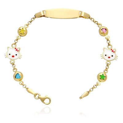 Kids 14K Yellow Gold 6.5mm Little Cats, Hearts, Stars Charm ID Bracelet 6"