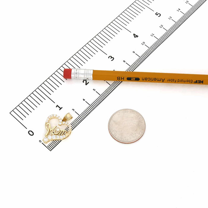 14K Yellow Gold CZ Open Heart "Mom" Pendant 0.98"