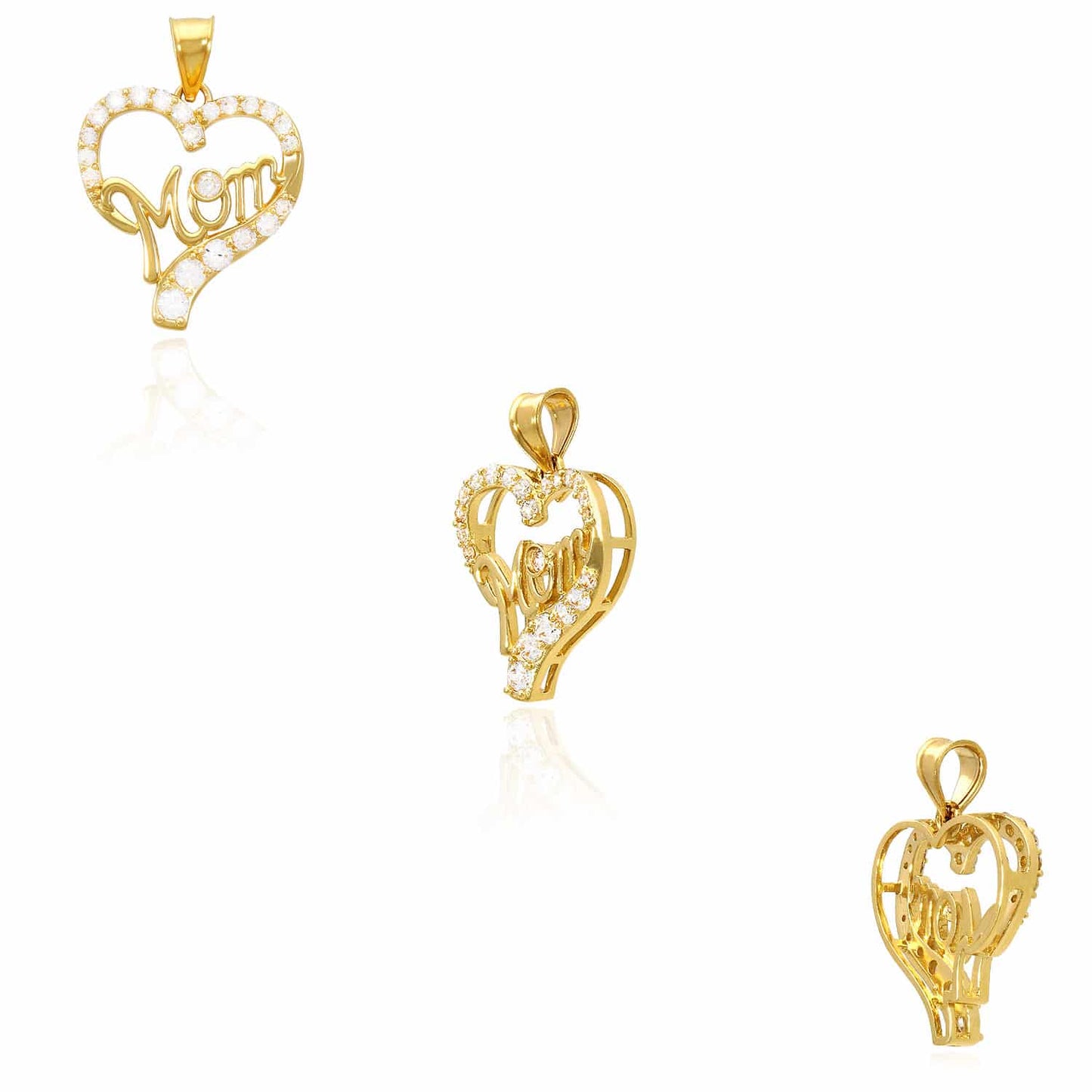 14K Yellow Gold CZ Open Heart "Mom" Pendant 0.98"