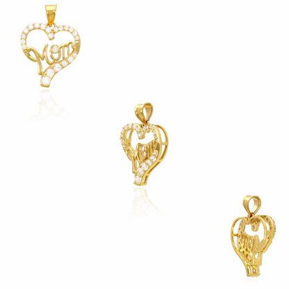 14K Yellow Gold CZ Open Heart "Mom" Pendant 0.98"