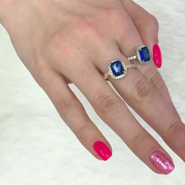 14K Yellow Gold White Emerald-Cut Blue Sapphire Zirconia Halo Engagement Ring