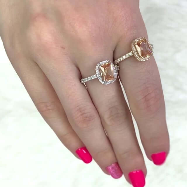 14K Gold CZ Emerald-Cut Champagne Halo Engagement Ring