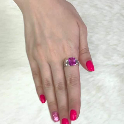 14K Gold White Radiant Cut Pink Tourmaline & Zirconia 3-Stone Anniversary Ring