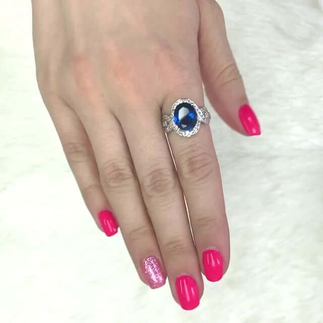14K Gold White 4.7CTW CZ Oval Blue Sapphire Cocktail Ring