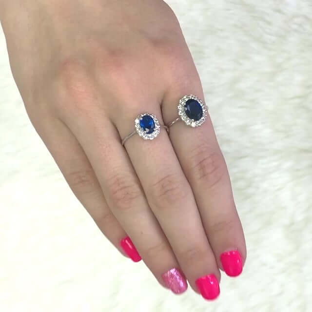 14k Gold White Oval Blue Round CZ Engagement Halo Ring