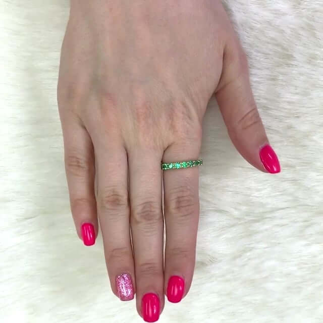 14K Yellow Gold 1.5CTW Simulated Green Emerald Full Eternity 3mm Band Ring