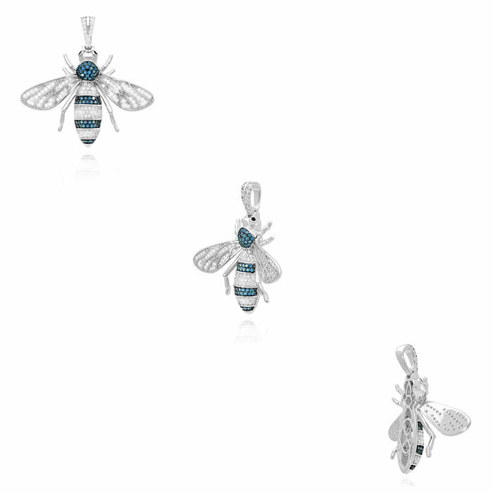 14K Yellow White Gold Over Silver Zirconia Blue Topaz Honey Bee 3D Pendant 1.6"