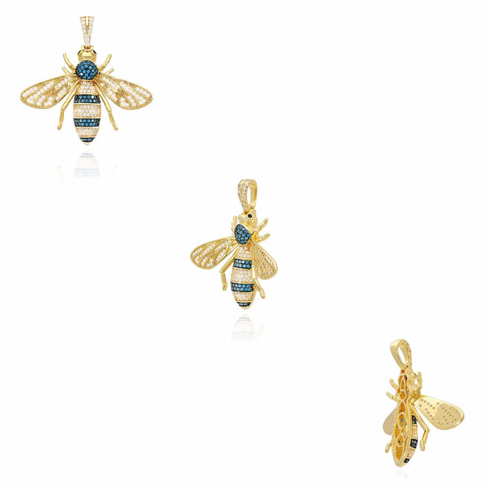 14K Yellow White Gold Over Silver Zirconia Blue Topaz Honey Bee 3D Pendant 1.6"
