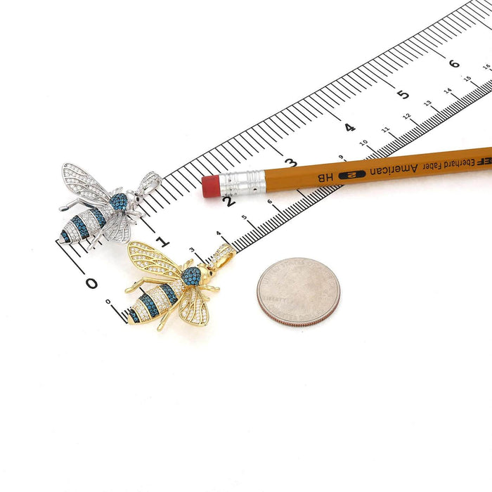 14K Yellow White Gold Over Silver Zirconia Blue Topaz Honey Bee 3D Pendant 1.6"