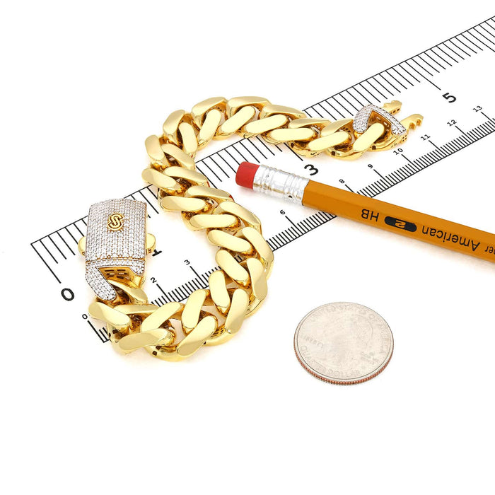 10K Gold CZ Box Clasp 15mm Miami Monaco Bracelet (Hollow) 8.5"