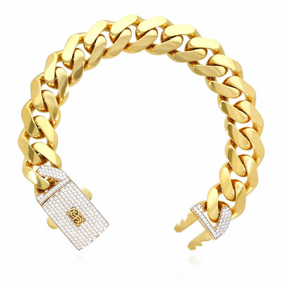10K Gold CZ Box Clasp 15mm Miami Monaco Bracelet (Hollow) 8.5"