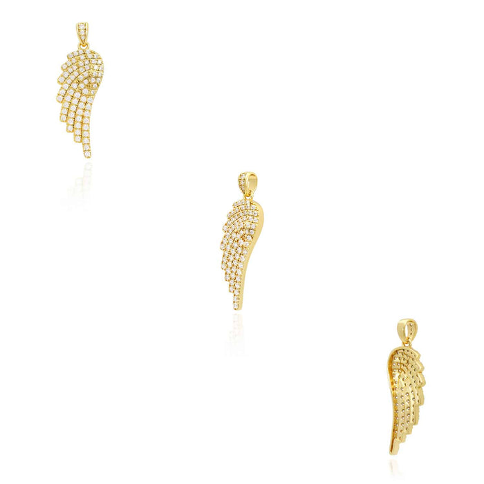 14k Gold Over 925 Silver White Zirconia Pave Angel Wing Pendant 1.77"