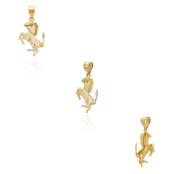 14K Yellow Gold 0.85CTW CZ Pave Horse Pendant 1.38"