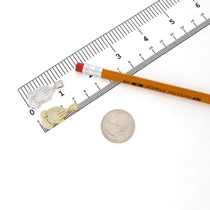 14K Yellow White Gold Over Silver CZ Pave Religious Praying Hands Pendant 1.18"