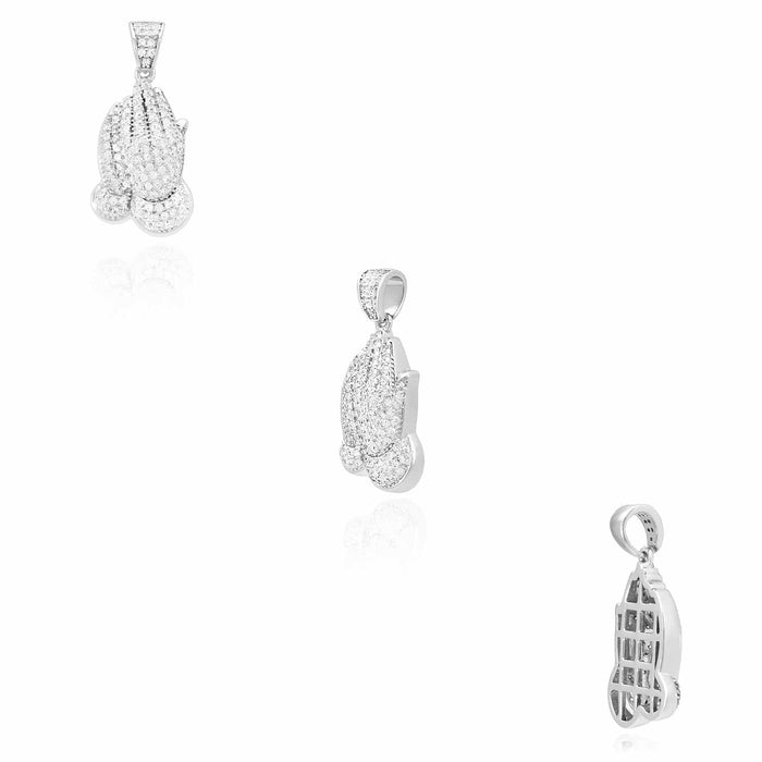 14K Yellow White Gold Over Silver CZ Pave Religious Praying Hands Pendant 1.18"