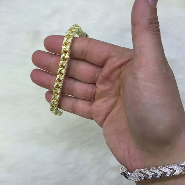 14K Gold Over Sterling Silver Pave Zirconia 7mm Franco Bracelet (Hollow) 8.5"-9"