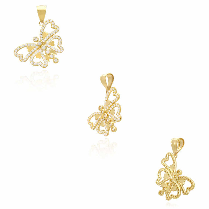 14K Yellow Gold CZ Butterfly and Hearts Pendant 1.2"