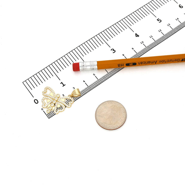 14K Yellow Gold CZ Butterfly and Hearts Pendant 1.2"