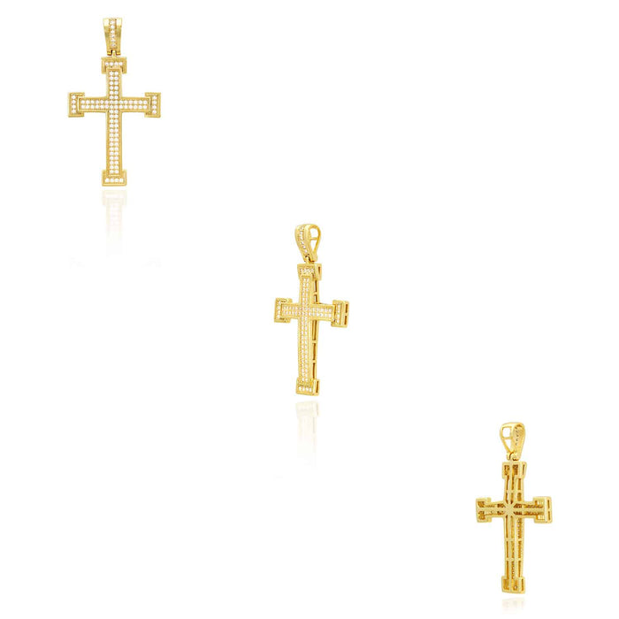 Yellow White Gold Over 925 Sterling Silver CZ Pave Milgrain Cross Pendant 1.69"