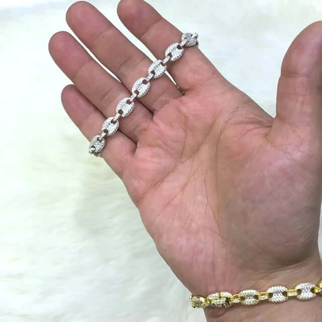 Gold Over Sterling Silver CZ 8mm Puffed Mariner Anchor Bracelet (Hollow) 8"-9"