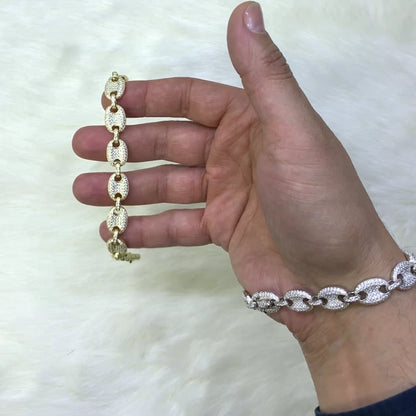 Gold Over Silver CZ 10mm Puffed Mariner Anchor Bracelet 8"-9"