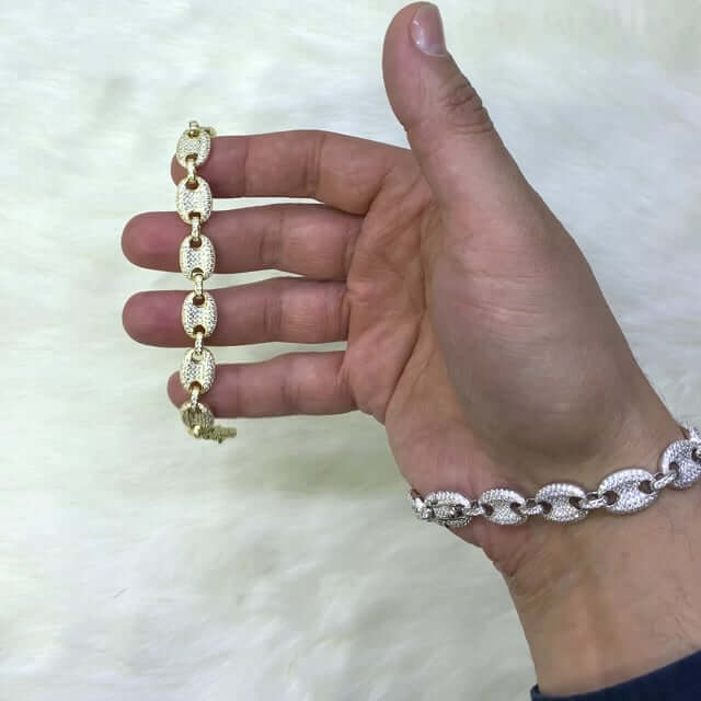 Gold Over Silver CZ 10mm Puffed Mariner Anchor Bracelet (Hollow) 8"-9"