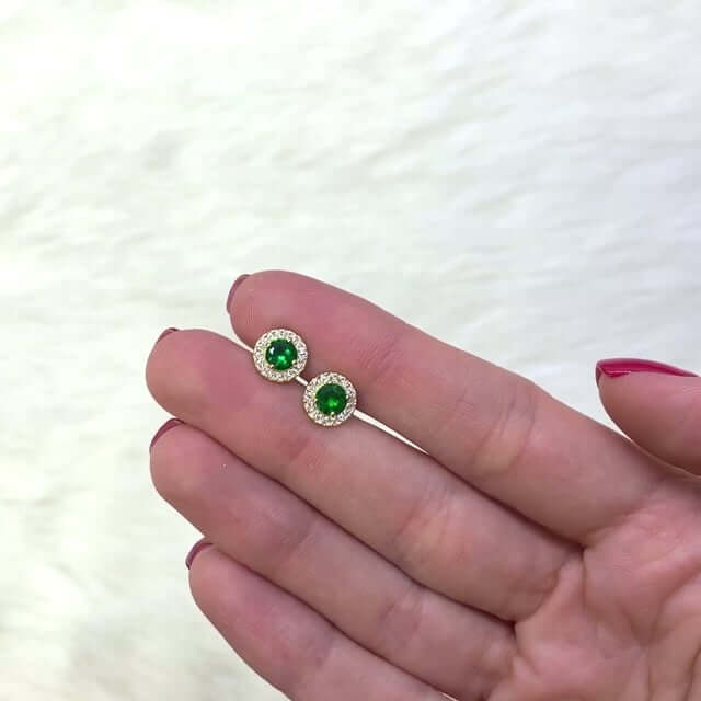 1CTW CZ Emerald 14K Gold Round Halo Stud Earrings