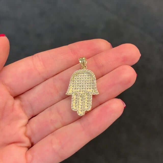 2.50Ct CZ Hamsa Hand Of Fatima 10k Yellow Gold Pendant 1.2"