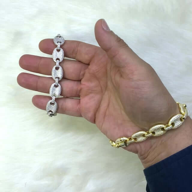 Gold Over Sterling Silver Pave Zirconia 12mm Puffed Mariner Anchor Bracelet (Hollow)