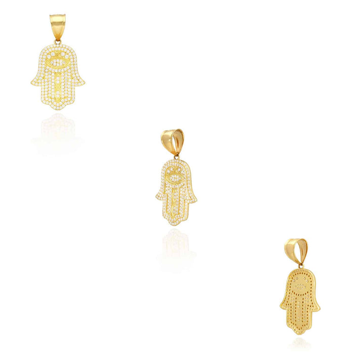14K Yellow Gold CZ Pave Hamsa Pendant 1.2" - 1.5"