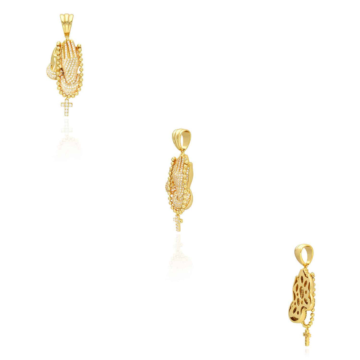 14k Gold Over Sterling Silver CZ Praying Hand Cross Pendant 1.57"