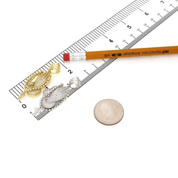 14k Gold Over Sterling Silver CZ Praying Hand Cross Pendant 1.57"