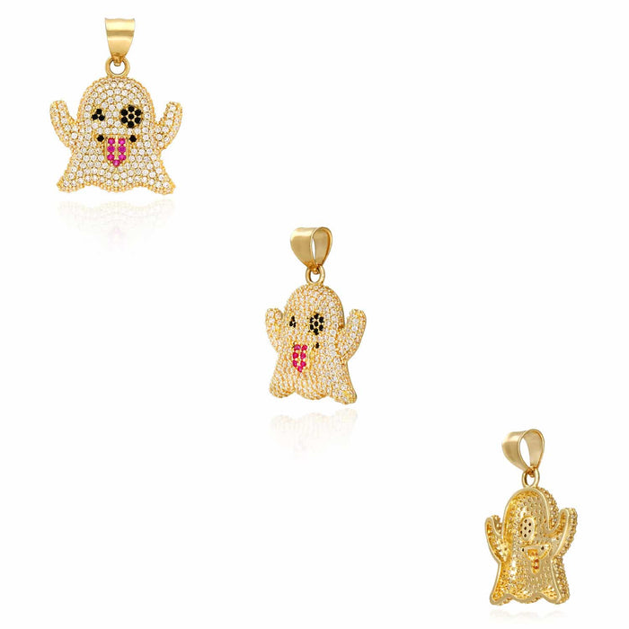 14K Yellow Gold CZ Iced Ghost Emoji Pendant 1.2"