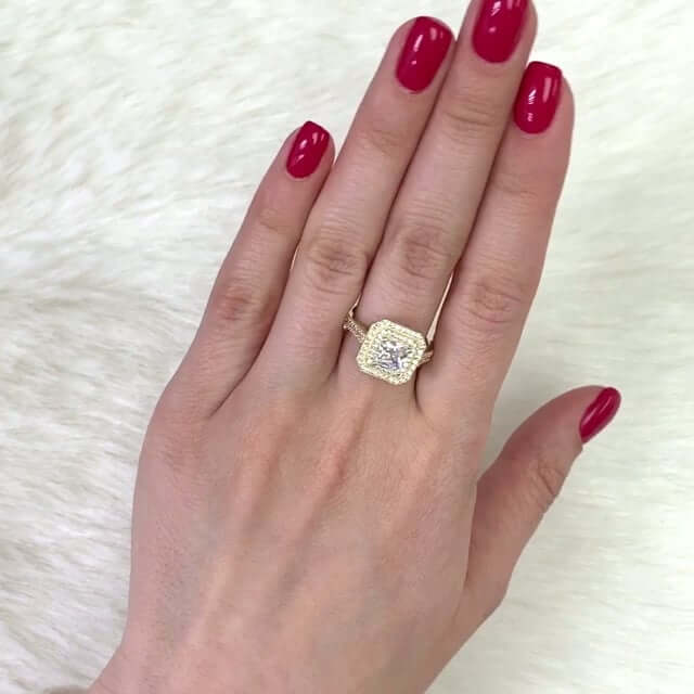 Real 10K Gold 2Ct Asscher CZ Double Halo Engagement Ring