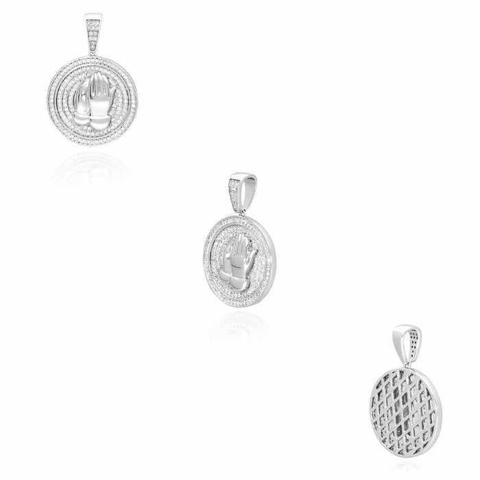 14k Gold Over Silver CZ Praying Hands Medallion Pendant 1.38"