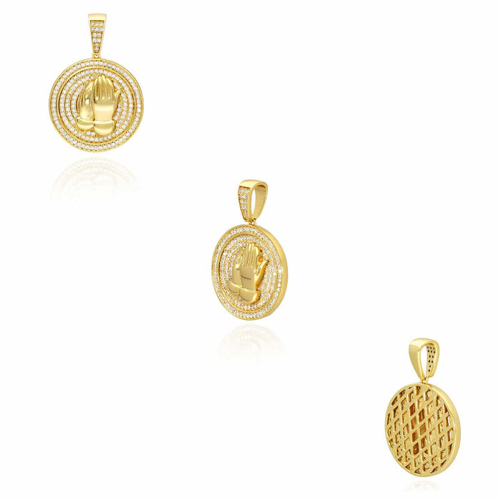 14k Gold Over Silver CZ Praying Hands Medallion Pendant 1.38"